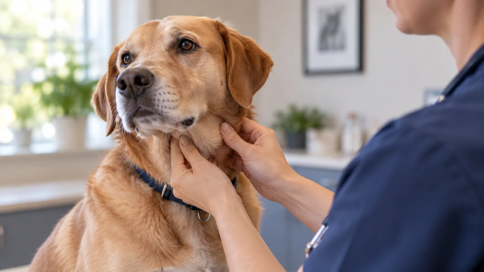 A person in navy scrubs feeling under a yellow Labrador's jaw with both hands in an exam room.